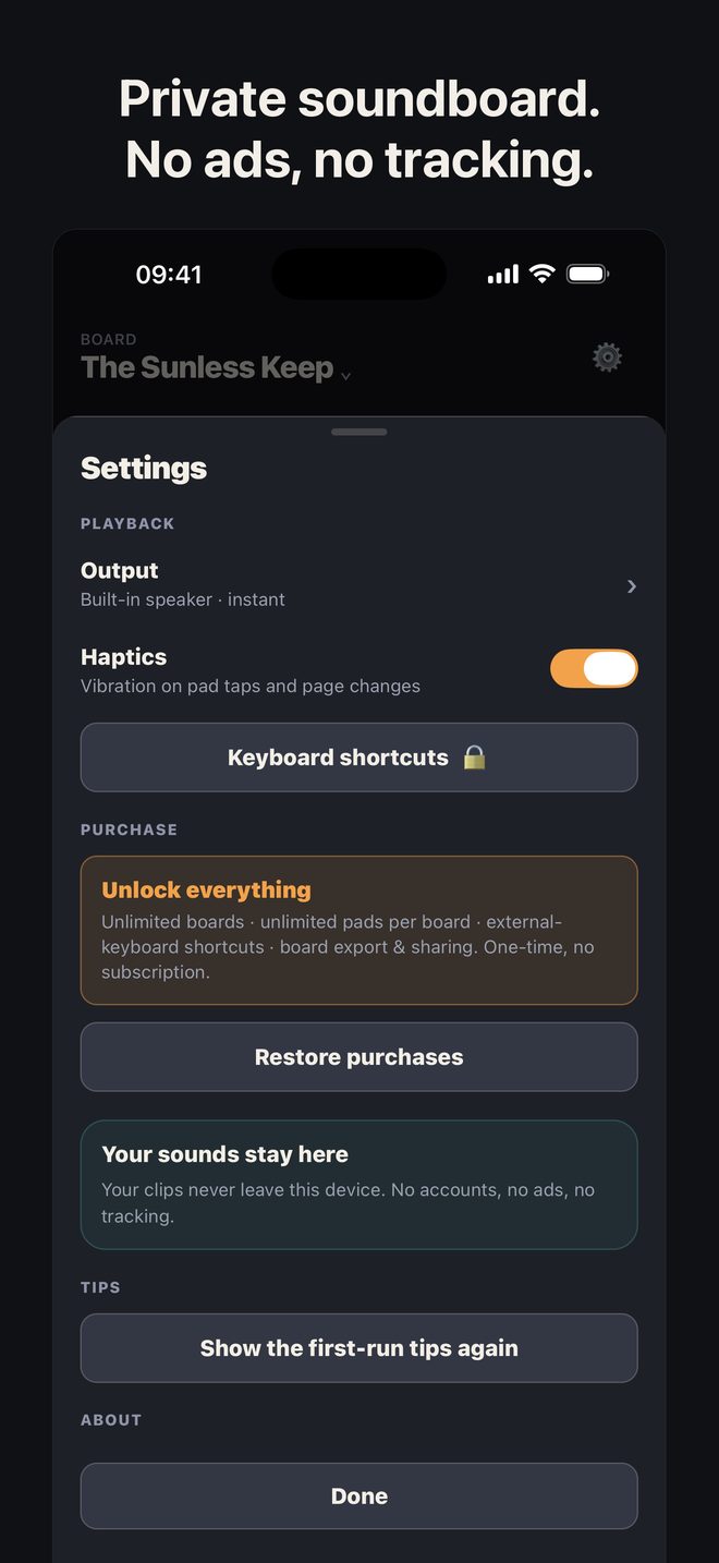 Private soundboard. No ads, no tracking.